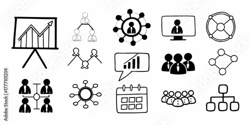 Illustration of business and organizational charts with a presentation board and communication diagrams shown