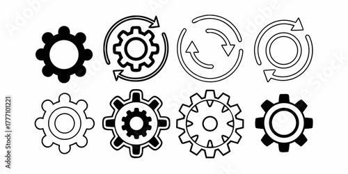 Illustration showing various gear and rotation symbols in black and white outline format design vector