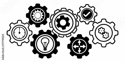 Illustration of multiple gears with various icons inside on a white background design element