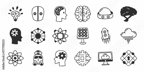 Collection of artificial intelligence and technology themed icons including brain, robot and cloud computing