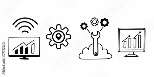 Illustration of data analytics displays, gears, and cloud computing with a wrench tool icon