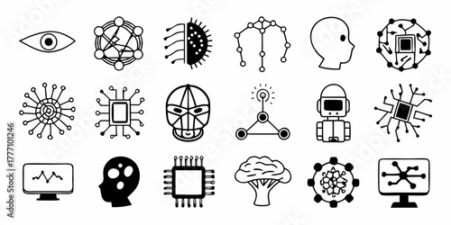 Collection of artificial intelligence related icons including robots, brains, and circuits designs