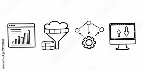 Drawn data processing pipeline with analytics dashboard, filter, gear, and upload download monitor is shown