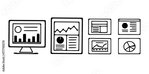 Hand drawn style set of data visualization elements including charts and graphs on screens and devices