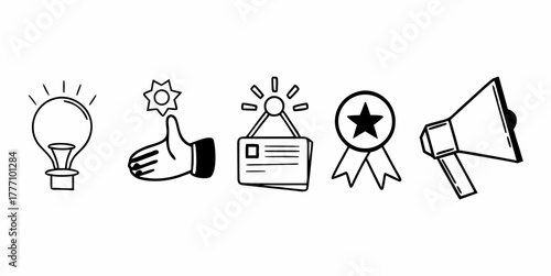 Illustration of a lightbulb, thumbs up, id card, star award, and a megaphone in black and white