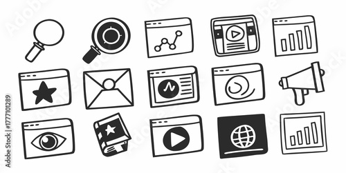 Hand drawn style icons representing seo, marketing, and web development concepts in black and white style