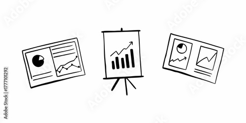 Hand drawn presentation charts showing bar graph pie chart and line graph on white background illustration