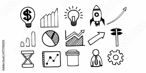 Hand drawn business icons including lightbulb, rocket, chart, graph, and hourglass in black and white