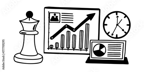 Chess queen piece with business charts clock and laptop showing financial strategy and time management