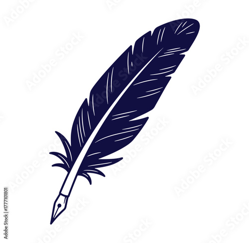Elegant blue pen feather illustration for writing concepts and artistic composition on white background