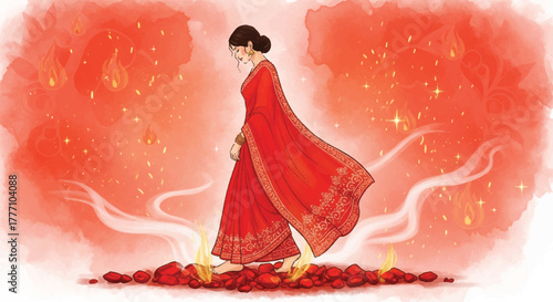A woman in red attire walks barefoot over glowing embers, surrounded by ethereal light.