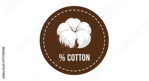 A brown circular label with a dashed border featuring a fluffy white cotton boll and \ a green leaf.