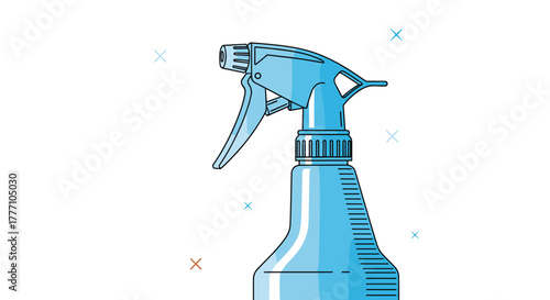 Stylized graphic illustration of a light blue plastic spray bottle with a trigger, featuring measurement lines, set against a clean white background.