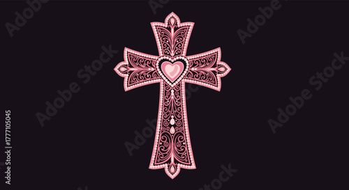 An elegantly ornate pink cross featuring intricate scrollwork, delicate bead details, and a prominent central heart motif, set against a deep background.