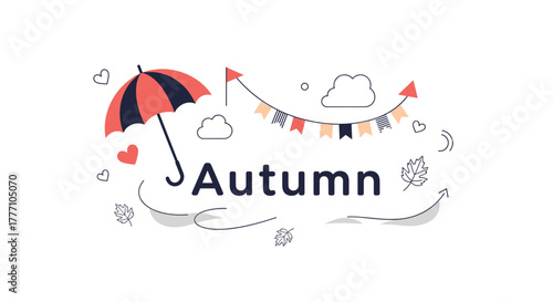 Cheerful and minimalist autumn season illustration featuring an umbrella, decorative banner, whimsical clouds, and scattered fall leaves.