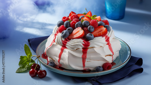 Berry pavlova with a drizzle of red sauce on a blue plate