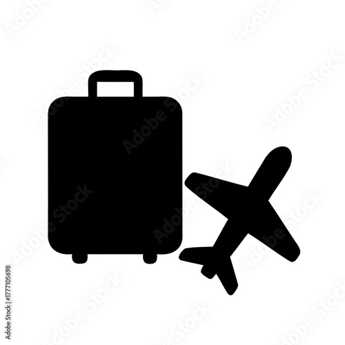 Black silhouette of luggage bag and airplane representing tourism and travel