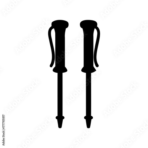 A black and white vector illustration of two trekking poles