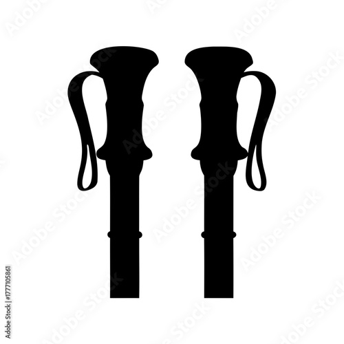 Silhouette of two trekking poles with wrist straps isolated on white background