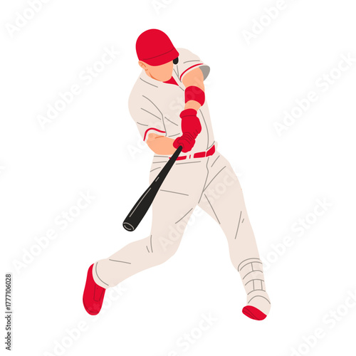 Vector illustration of a baseball player wearing a red uniform, ready to hit the ball with a bat. Perfect for sports design, team logo, or baseball training concept.