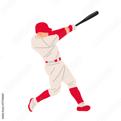 Vector illustration of a baseball player wearing a red uniform, ready to hit the ball with a bat. Perfect for sports design, team logo, or baseball training concept.