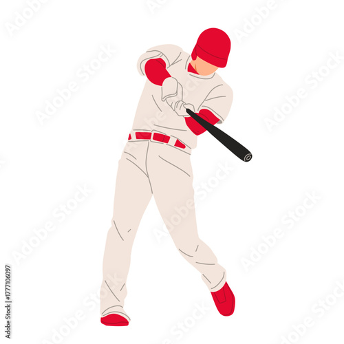 Vector illustration of a baseball player wearing a red uniform, ready to hit the ball with a bat. Perfect for sports design, team logo, or baseball training concept.