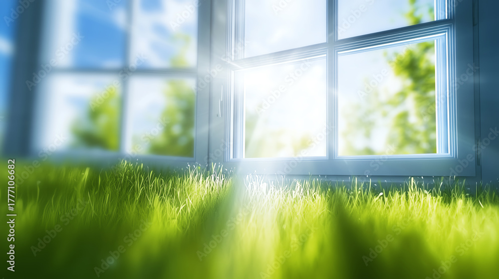 Naklejka premium Sunlight streaming through a window onto lush green grass, creating a serene and refreshing indoor atmosphere.