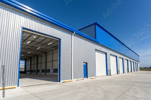 Modern industrial warehouse exterior with closed steel shutter, concrete facade, and blue sky. Ideal for business, construction, logistics, export, and commercial distribution industry themes.