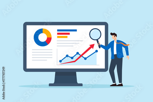 Flat illustration of businessman analyzing business finance and investment performance using report dashboard with data chart and tracking graph