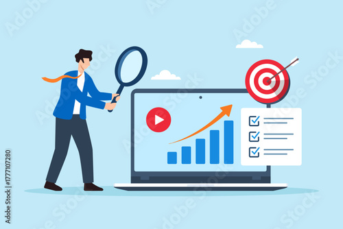 Flat illustration of marketer analyzing content marketing strategy with graph checklist and laptop for business research and customer targeting