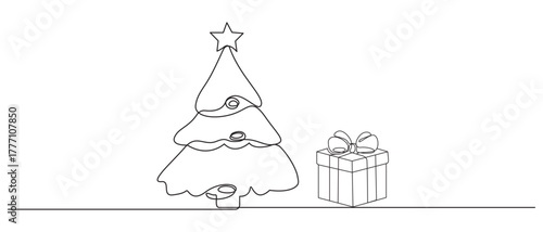 Christmas tree and gift box one line art drawing,
