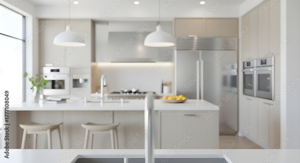 Fototapeta premium Sleek Light-Toned Kitchen Design, Modern Kitchen Island with Stools, Double Oven Setup