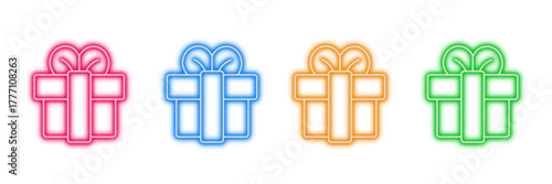 Neon glowing gift box vector icons set, present, birthday, christmas, celebration, surprise, holiday, vibrant colorful digital design illustration on transparent background.