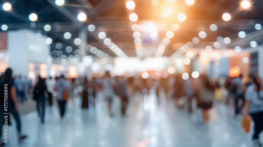 Obraz premium Blurred image of people walking in a convention center with bright lights