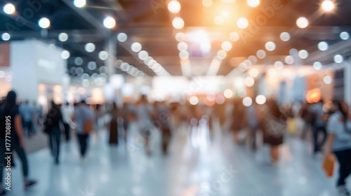 Blurred image of people walking in a convention center with bright lights