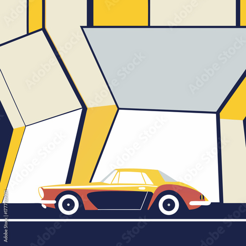 A classic sports car in geometric abstract art