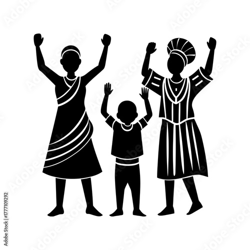 Illustration of a family with two women and a child raising their hands up high