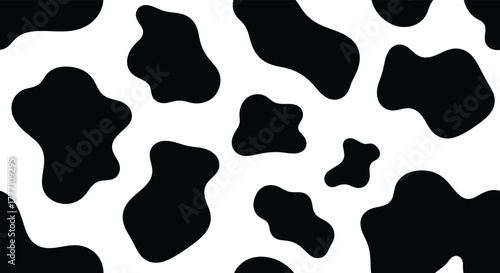 Vector cow pattern seamless background. Black irregular patches on white backdrop. Abstract cows skin texture illustration. Random bovine spots hand drawn design.