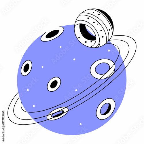 A stylized purple planet with rings and a smaller celestial body