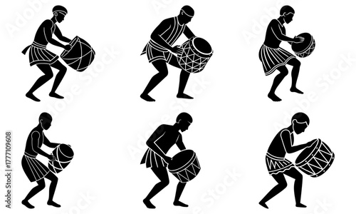 Silhouettes of african men playing drums in various poses and positions shown