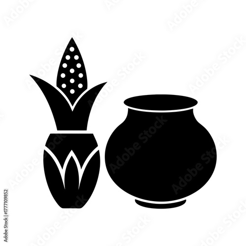 Illustration of a corn cob in a vase and a pot in black and white silhouette