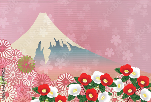 富士山　ツバキ　和柄　年賀状　背景	