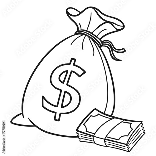 Line art icon of a money bag with dollar symbol and cash