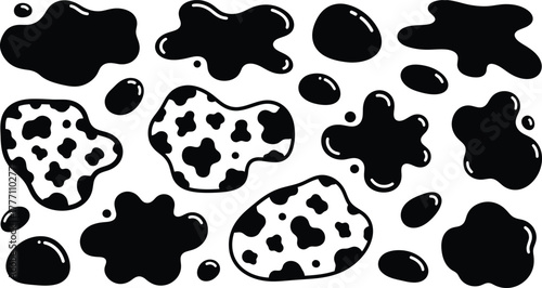 Vector cow print pattern background. Black irregular patches on white backdrop. Abstract cow skin or fur texture.