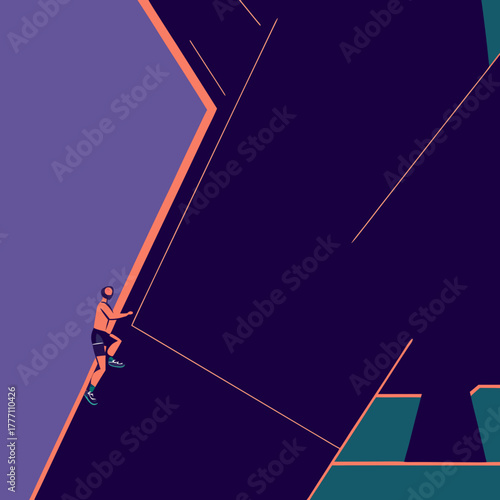 Man climbing a steep geometric abstract rock surface