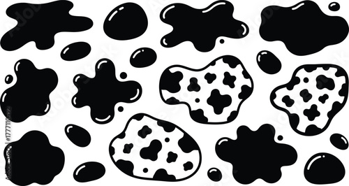 Vector cow print pattern background. Black irregular patches on white backdrop. Abstract cow skin or fur texture.