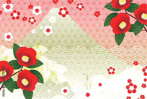 富士山　ツバキ　和柄　年賀状　背景	