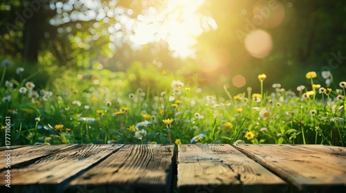 Fototapeta Naklejka Na Ścianę i Meble -  Wooden planks in a sun-drenched meadow with blooming wildflowers