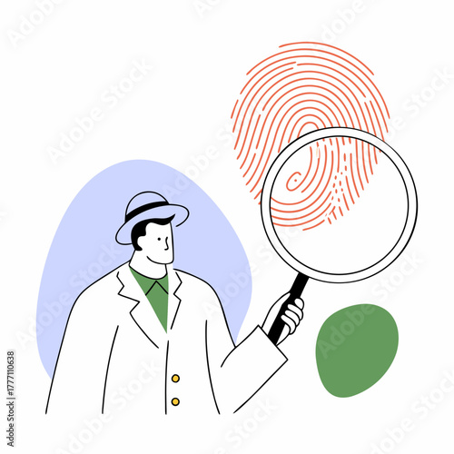 Detective examining fingerprint with magnifying glass