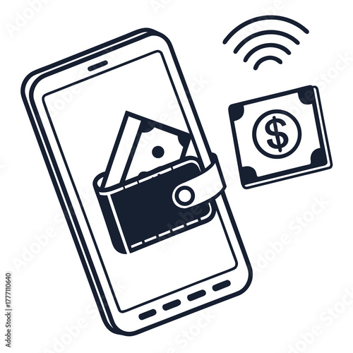 Digital wallet on phone with money and payment icon